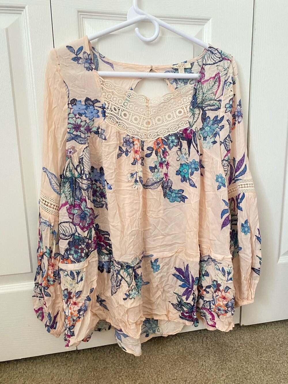 ODDI Pink Floral Boho Lace Inset Long Sleeve Blouse - Picture 12 of 12